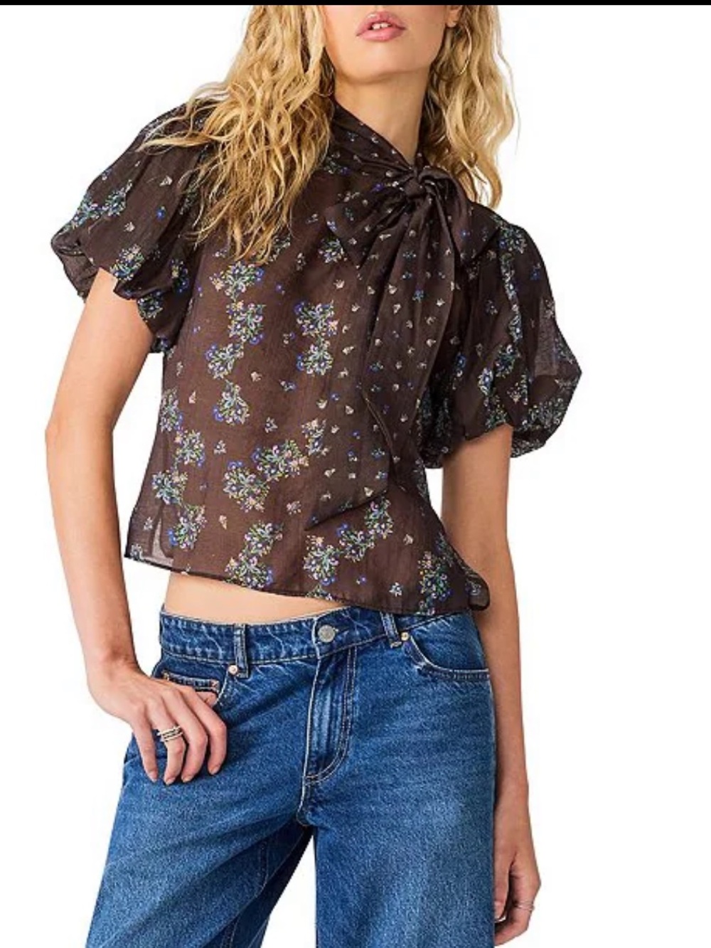 NWT Steve Madden Black Floral Tie-Neck Puff Sleeve Blouse